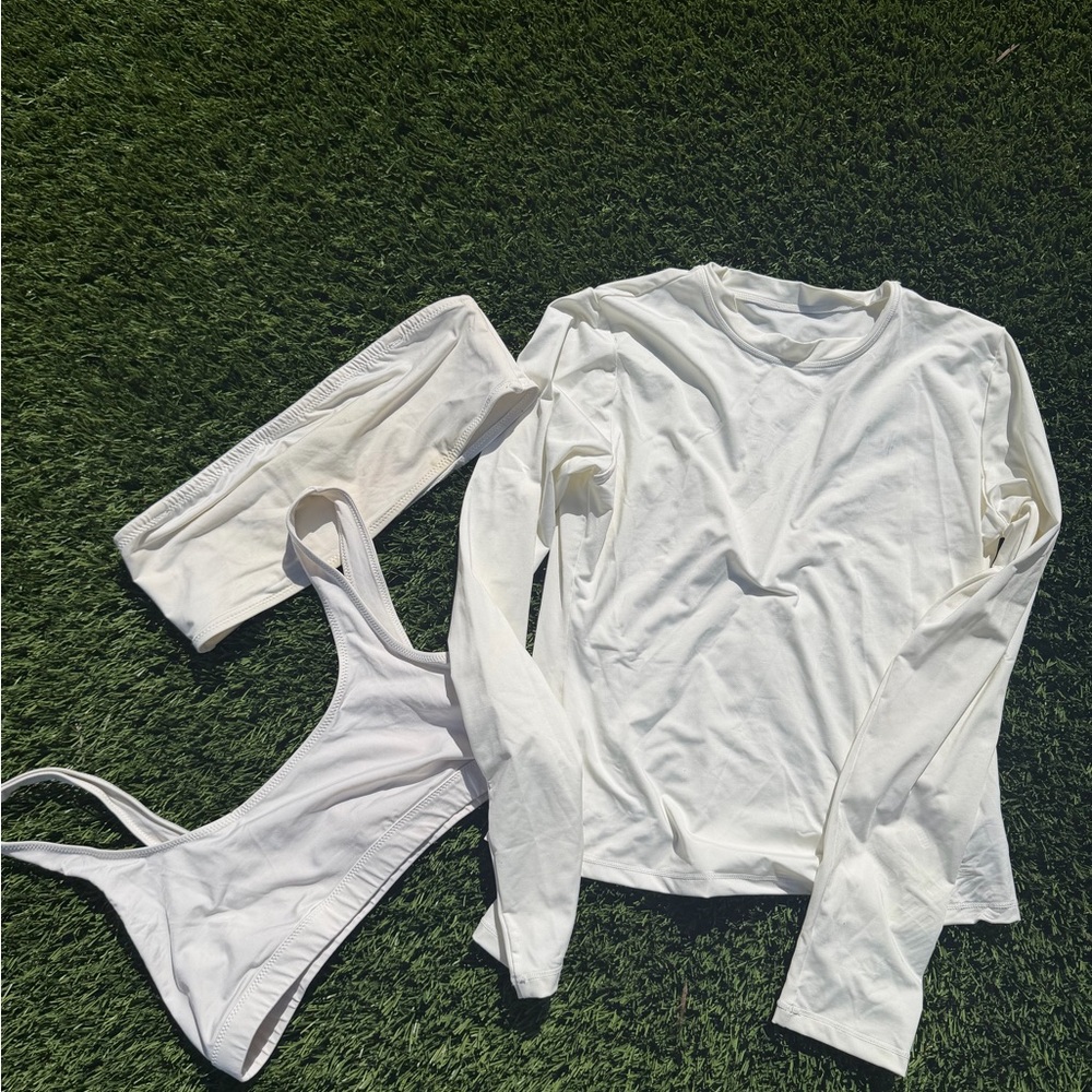 SKIMS White Long Sleeve Top and Bikini Set